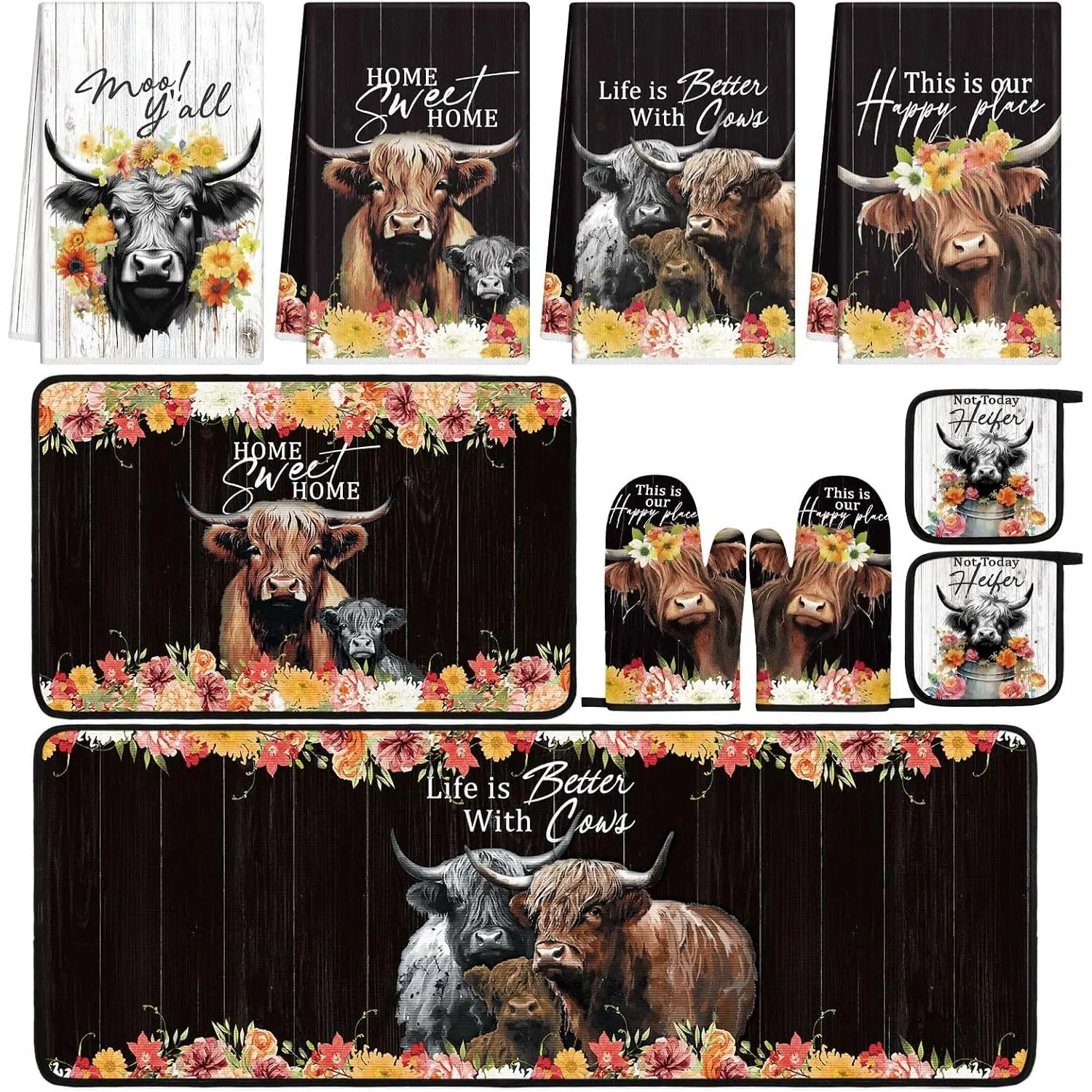 10 count Highland Cow  Kitchen Decor Set Kitchen Towels and Rugs Oven Mitts and Pot Holders  Rustic Decor Set for Cooking Baking Grilling Women Mom