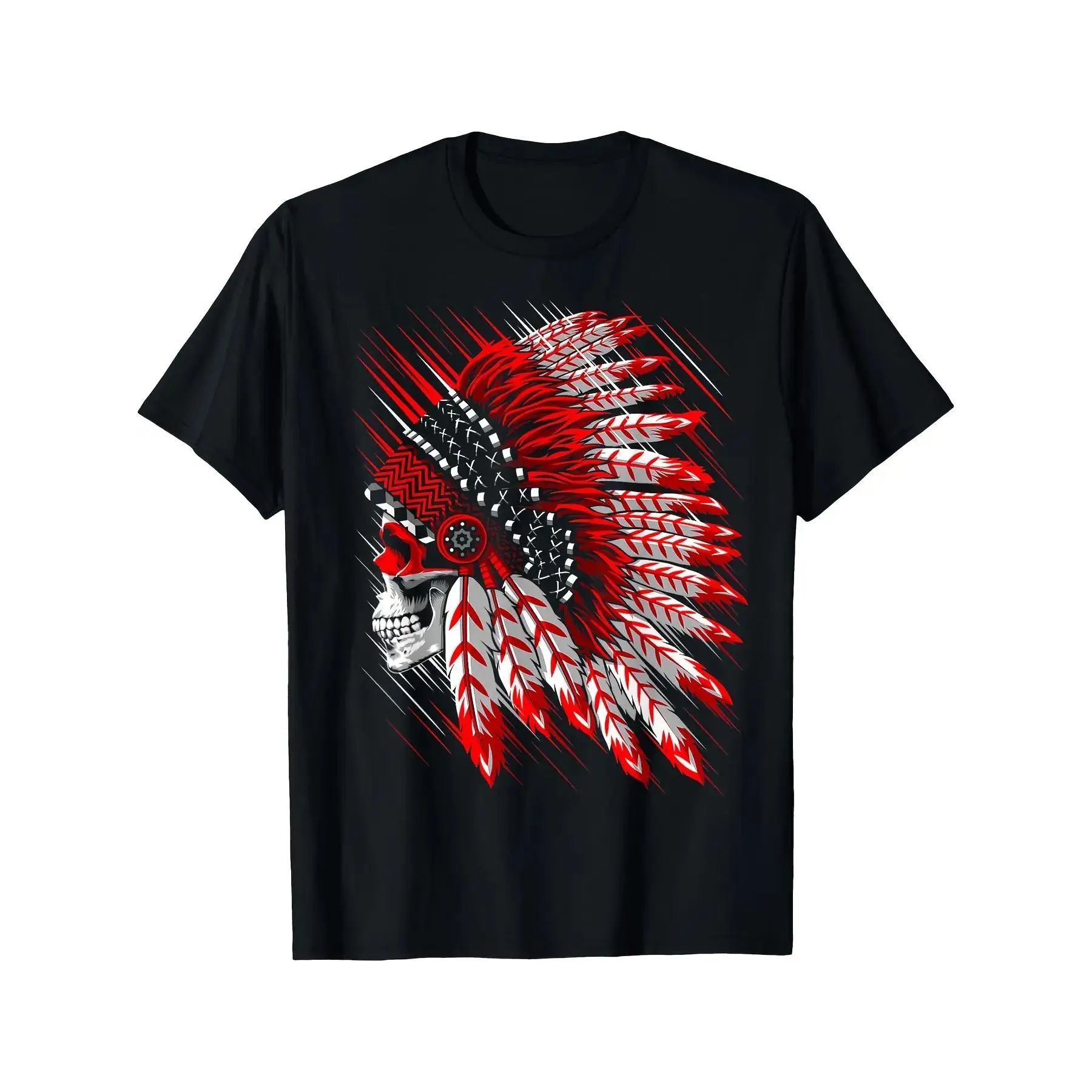 Men's Native American Comanche Chief Skull & Feather Headdress Graphic T-Shirt - Black with Red & White Tribal Design, Short Sleeve Casual Tee, Regular Fit, Machine Washable, All-Season Comfort Round Neck for Western & Themed Events