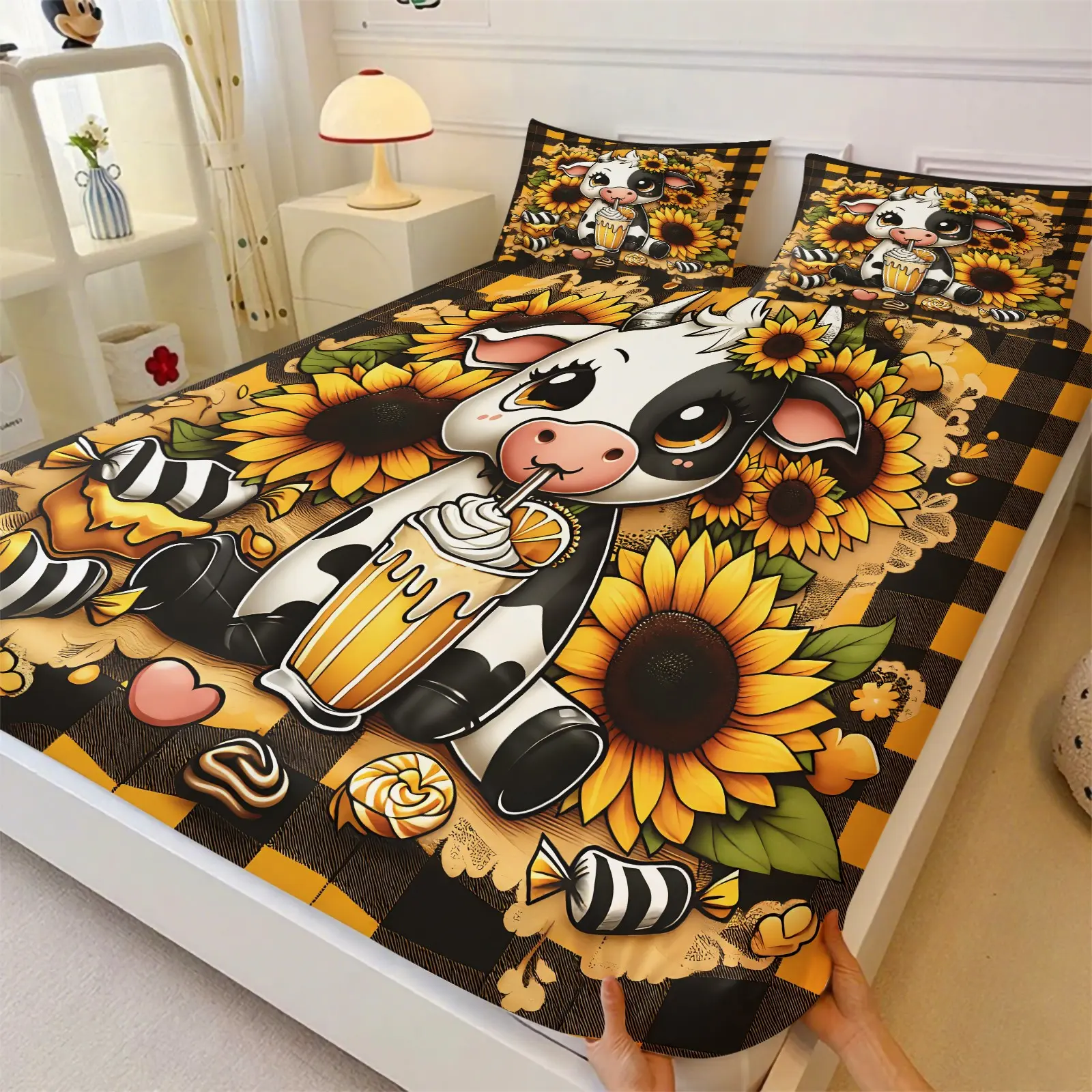 3-Piece Black Yellow Plaid Cartoon Cow Fitted Sheet Set, 1 Fitted Sheet & 2 Coreless Pillowcases ,Cute Farm Animal, Milkshake & Candy Prints, Soft Breathable Deep Pocket Anti-Slip Mattress Protector, All Season Use, Kids Bedrooms Parent-Child Gift