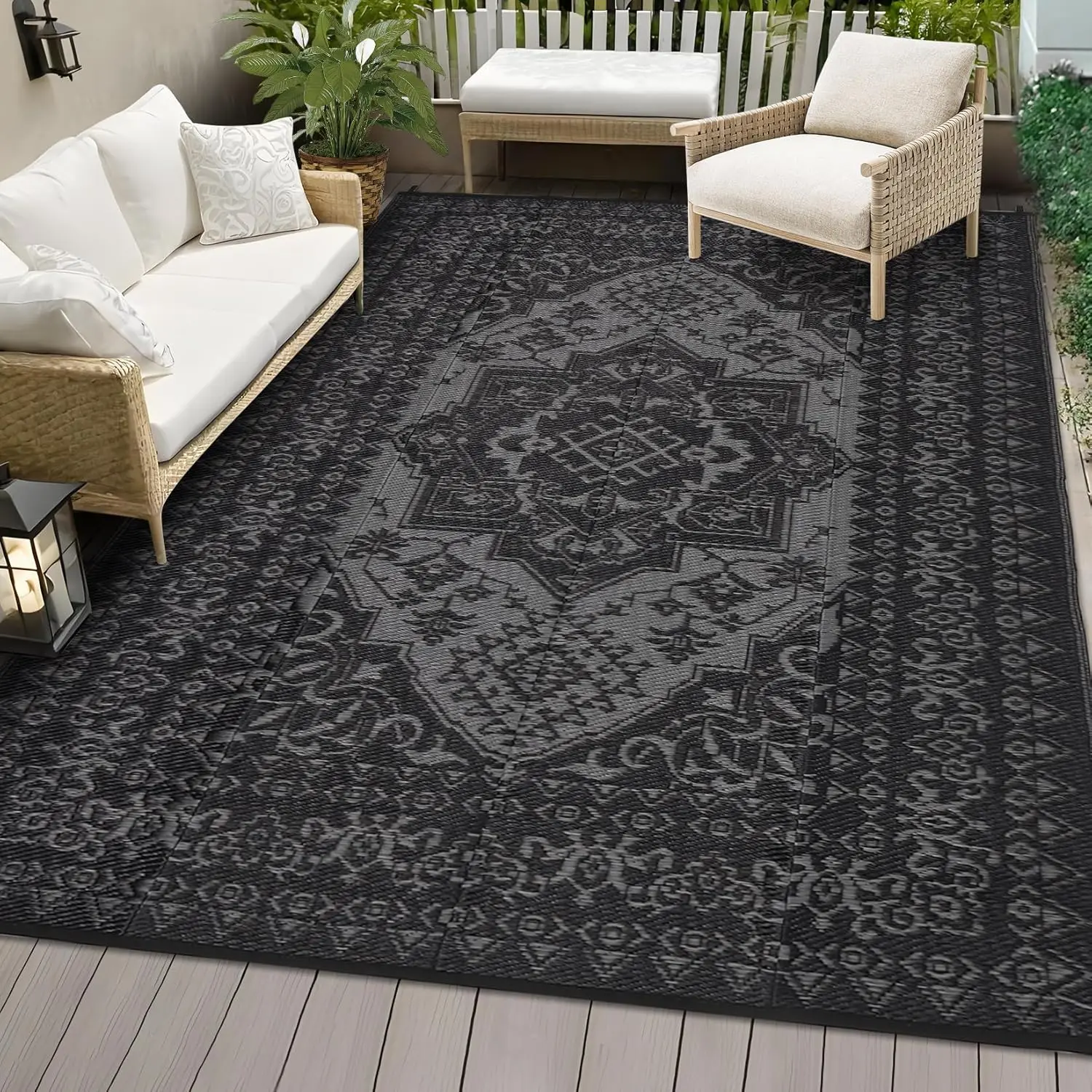 Outdoor Patio Rugs Waterproof Reversible Plastic Straw Mat, Large Vintage Medallion Boho Area Rug Indoor Outdoor Rugs for Deck, Balcony, Pool, Camping, Beach, Picnic, Porch, RV