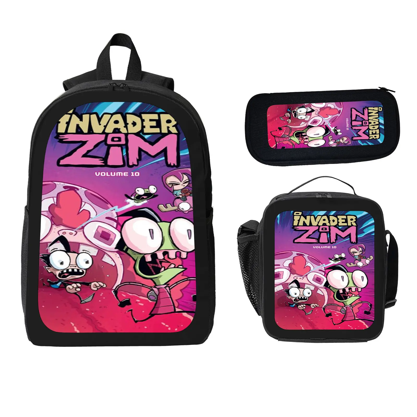 Unisex Invader Zim 3-Piece Kids' School Backpack Set, Large-Space Bookbag with Insulated Lunch Bag & Pencil Case, Water-Resistant Travel Days Daypack for Elementary-Middle School e-39