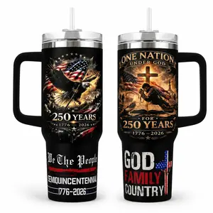 40 oz Stainless Steel Reusable Vacuum Flask Tumbler with Handle, Straw & Cover, USA 250 Years (1776-2026) Printed Patriotic American Flag Eagle Christian Travel Mug, Car Cup Holder-Fit Kitchenware Drinkware