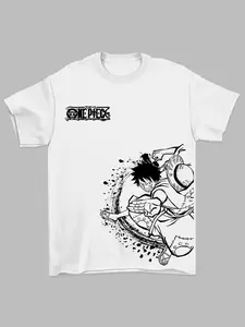 One Piece Luffy Print T-Shirt, Unisex Cotton Short Sleeve, Anime Style Oversized Loose Fit, Casual Daily Wear, Trendy Couple Tee