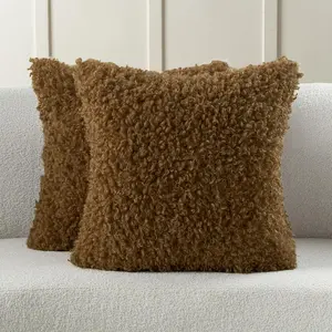 Pack of 2 Decorative Throw Pillow Covers 18x18 Inch,Soft Faux Wool Fur Boucle Textured Cushion Case,Home Decor for Couch Bed Living Room Office,Brown