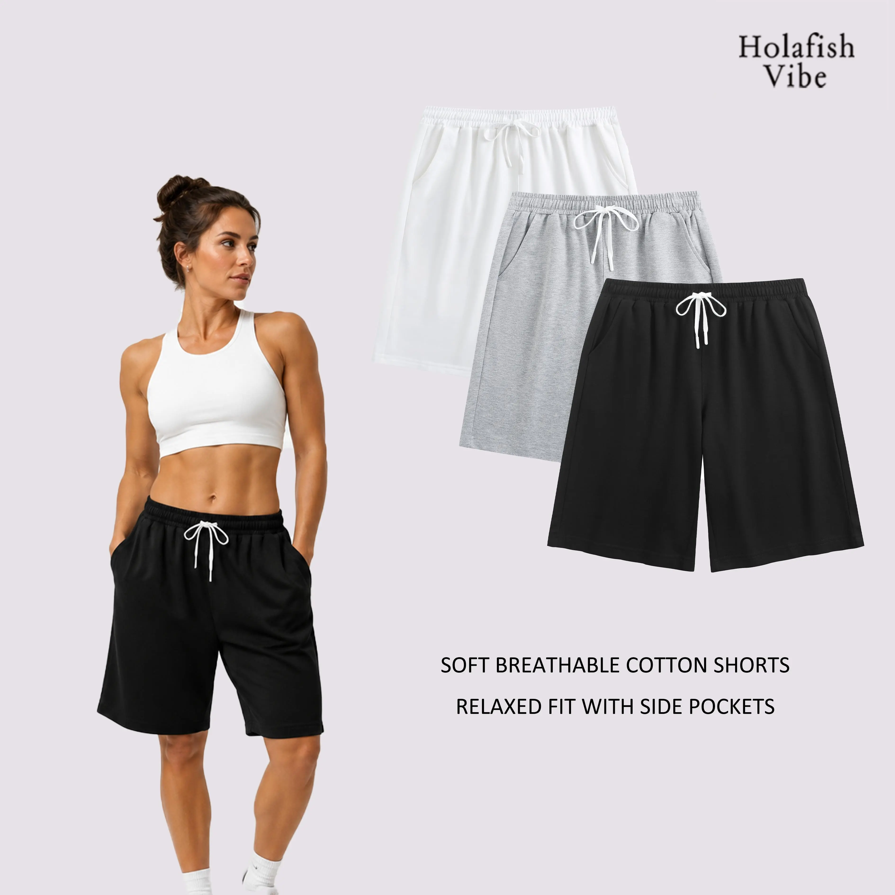 Holafish Women's Aesthetic Cotton-Polyester Shorts - Lightweight, Soft Breathable Fabric, Everyday Comfy Loungewear Bottoms for Indoor Relaxing & Outdoor Casual Outfits, Comfortable