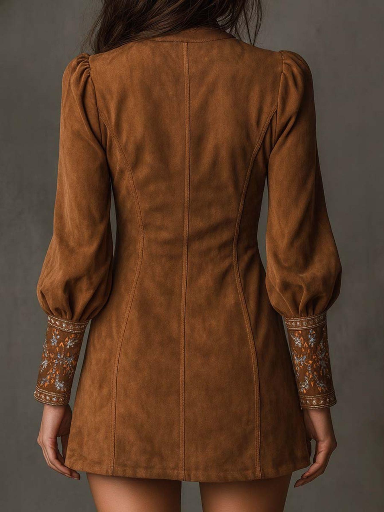 Women's Vintage Bohemian Skirt - Caramel Brown Heavy Embroidery V-Neck Short Skirt with Lantern Sleeves, -Line Pencil Skirt Suitable for Vintage Parties, Weddings & Themed Events