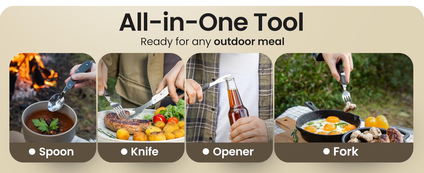 AGS Orblue 4-in-1 Camping Eating Utensils, 2-Pack - Portable Spoon, Fork, Knife & Bottle Opener Combo Set - Stainless Steel Flatware with Detachable Fork - Travel, Backpacking Cutlery Multitool, Yellow