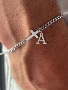 New Cuban men's fashion casual bracelet, featuring a simple cross charm and letter chain design, a stylish everyday bracelet with a charm.