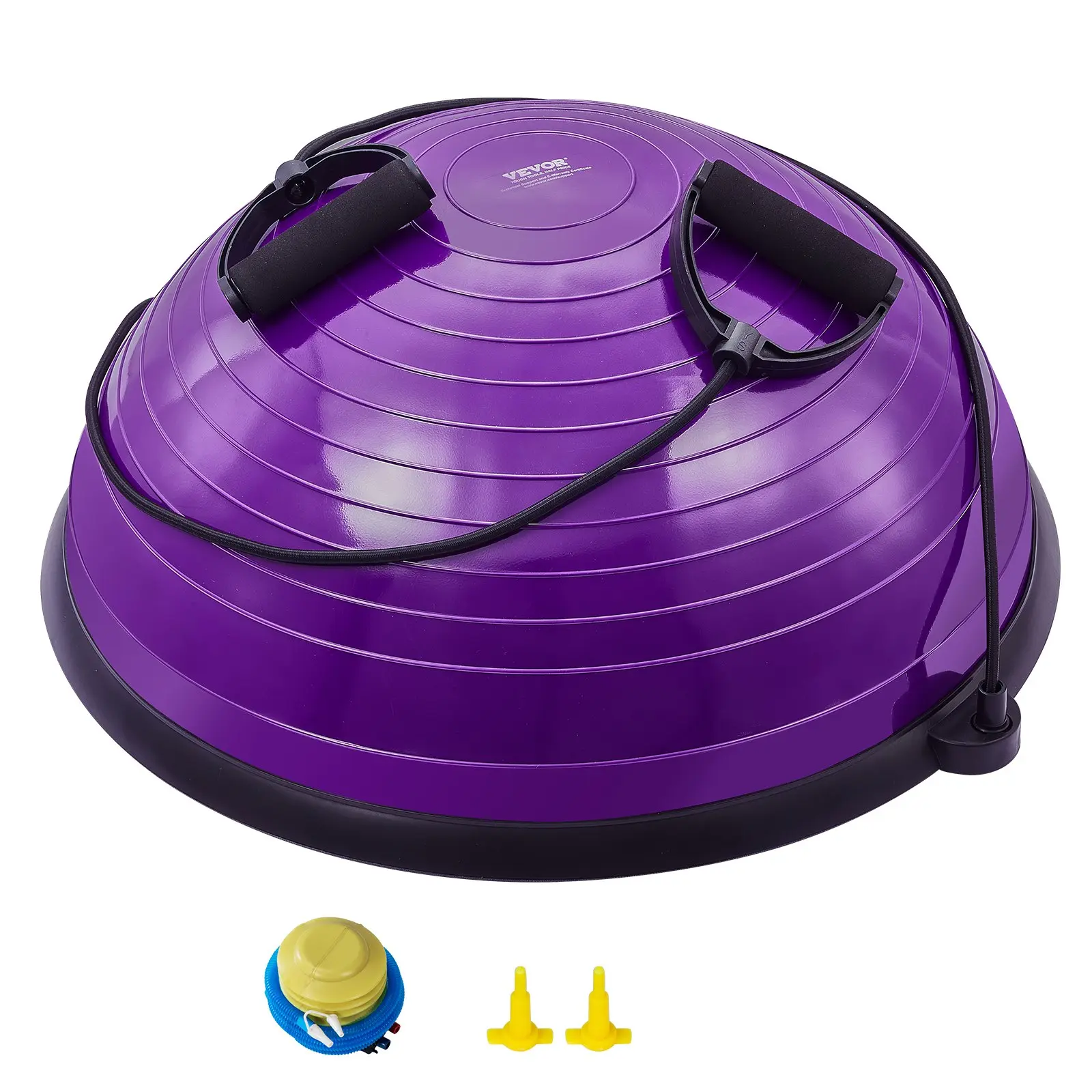 VEVOR Half Exercise Ball Trainer, 23 inch Balance Ball Trainer, 660lbs Stability Ball, Yoga Ball with Resistance Bands Foot Pump, Strength Fitness Ball for Home Gym, Full Body Workout, Purple