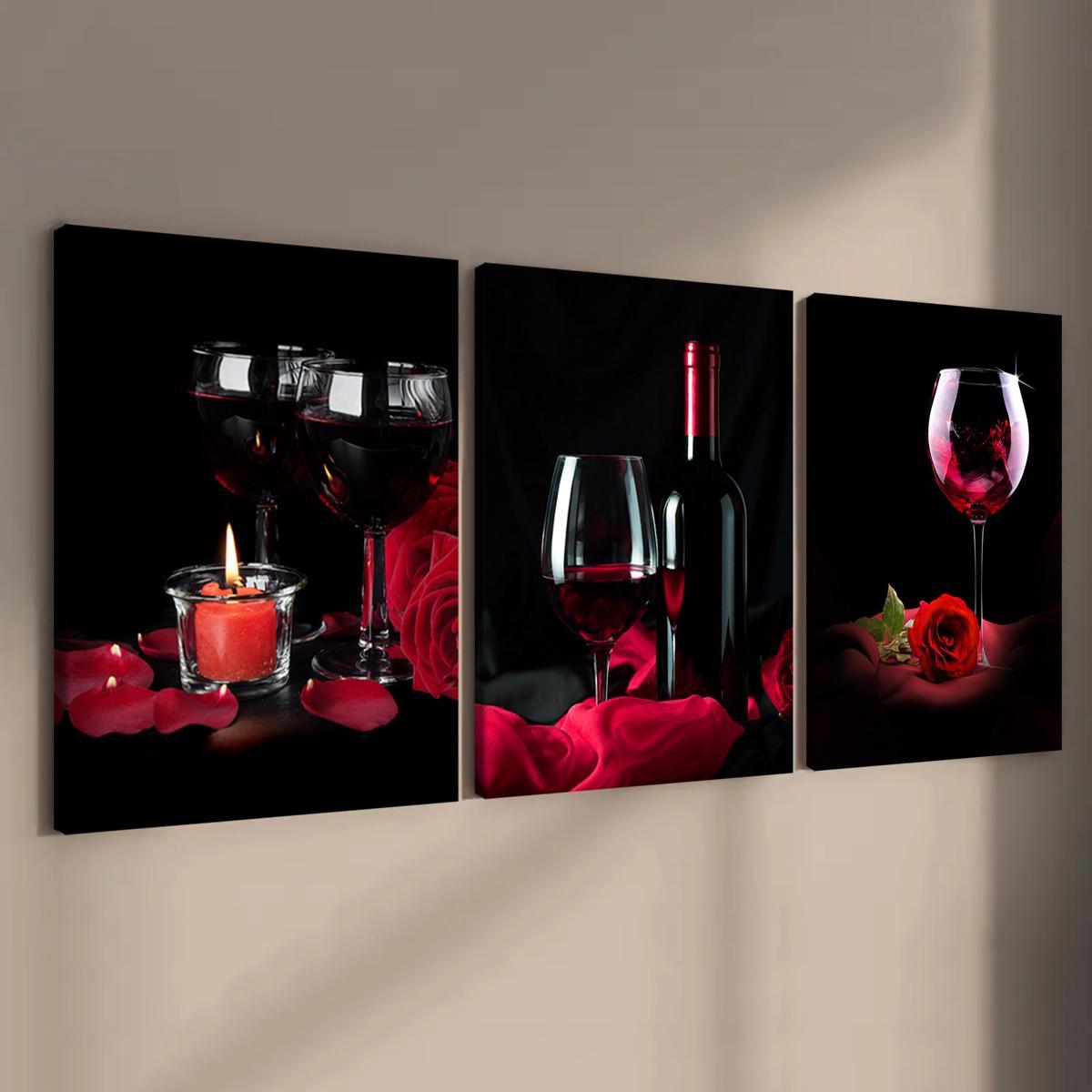 Wine Themed Canvas Painting, 3 Counts/set Romantic Wine Glass Pattern Vintage Wall Art, Wall Decor for Home Living Room Bedroom Office, Ornaments