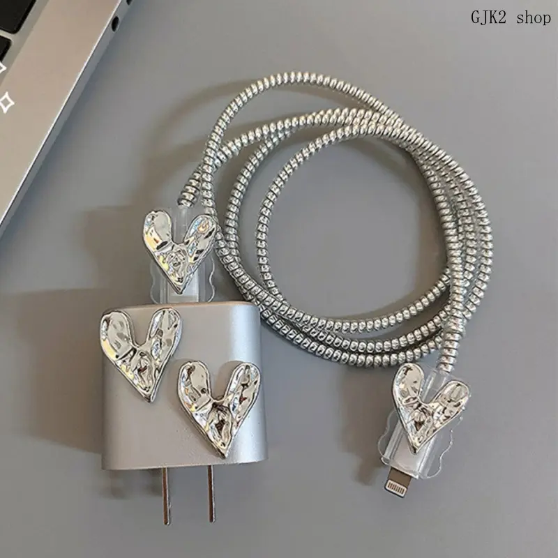Metallic Silver Wrinkle Heart Charger & Cable Protector Set, Compatible for 20W USB‑C Charger, Decorative Kit, Charger Not Included