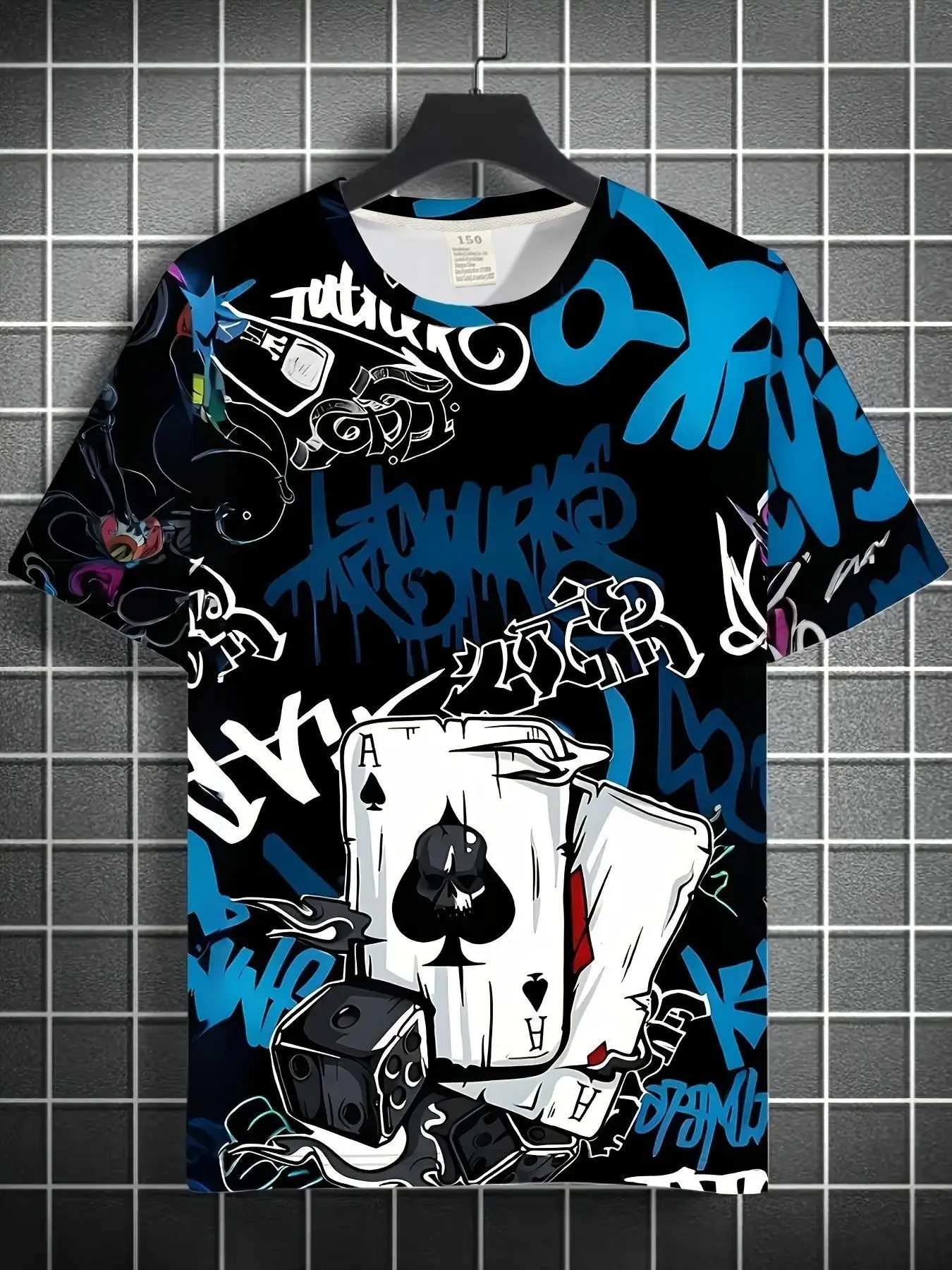 Boys Graffiti Spade A Print T-Shirt Graphic Printed Tees Kids Black Blue Streetwear Short Sleeve Cool Graphic Tee Top