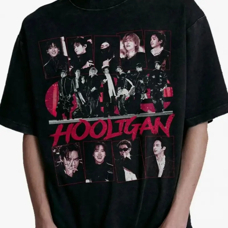 Menswear Vintage 90s Retro Hooligan Graphic Short-Sleeve T-Shirt - Unisex Kpop Fan Streetwear with Arirang Album Print, Classic Old School Vibe Relaxed Fit Casual Wear for Concerts, Birthday, Top