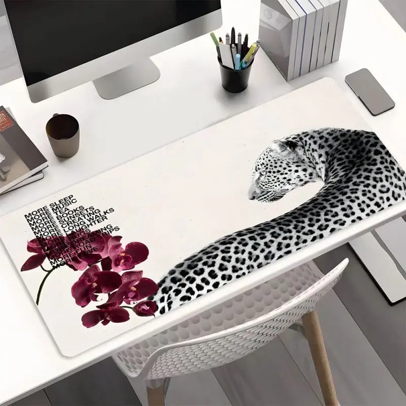 Minimalist Leopard Orchid Art Computer Desk Mat - Anti-Slip Rubber Base Stays Put on Desk, Smooth Surface Extra-Large Gaming Mousepad with Motivational Text, Girly Office Accessory for Students, Aesthetic Home Decor Gift
