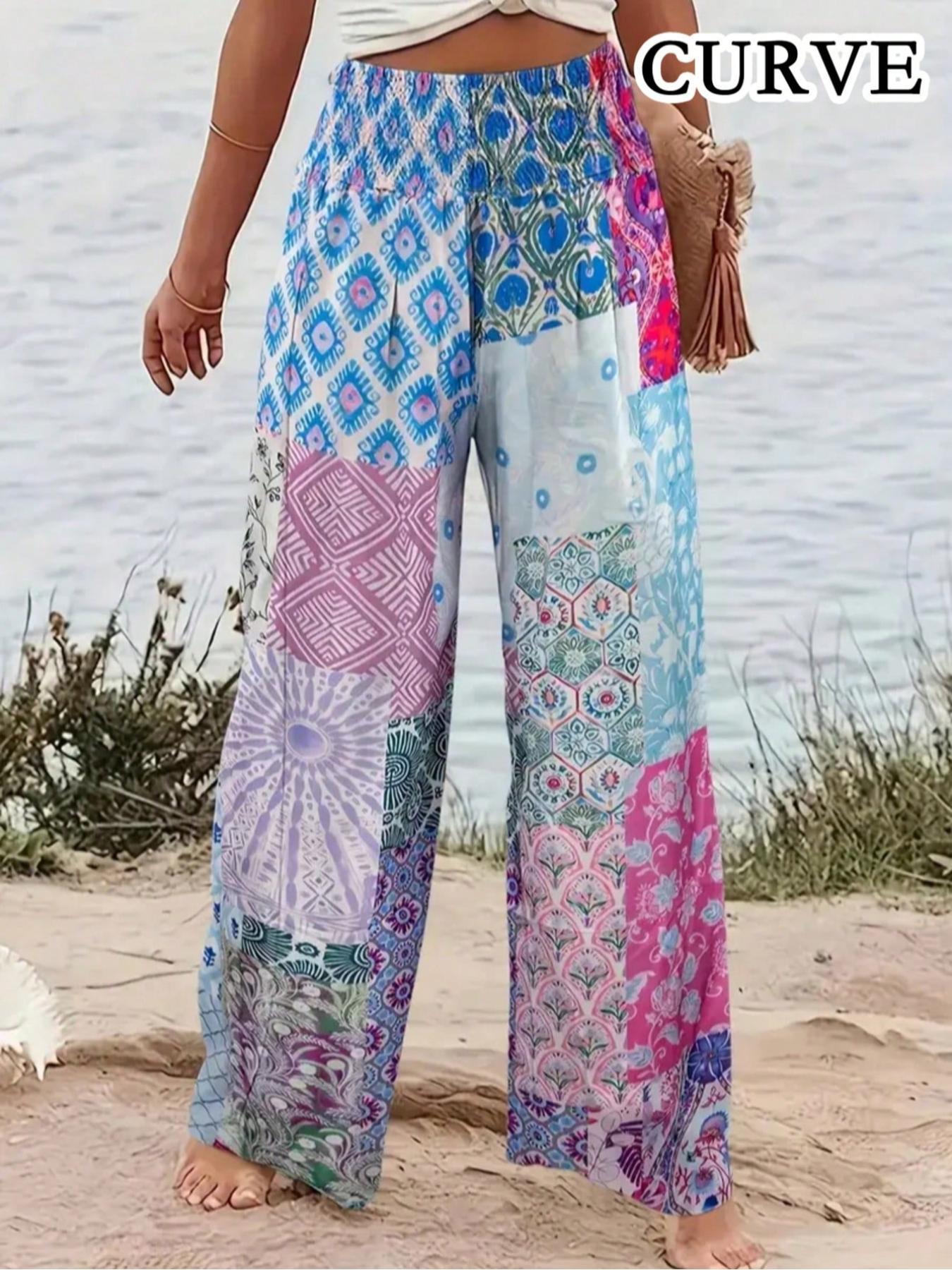 Plus Size Patchwork Print Plicated Shirred Wide Leg Pants, Casual Lounge Pants, Boho Casual High Waist Trousers, Casual Bohemian Trousers for Daily Vacation Holiday Wear, Women's Bottoms for All Seasons