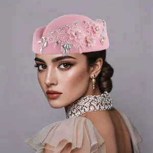 Vintage British Lace Floral Rhinestone Wool Felt Pillbox Hat Women Elegant Church Derby Wedding Formal Fascinator Beret with Elastic Strap