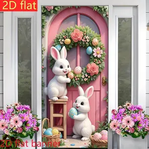 2D Flat Banner Polyester Photography Backdrop, HD Printed Cartoon Rabbit Easter Egg Floral Wreath Pink Door Spring Theme Background Cloth, Soft Lightweight Foldable Photo Booth Prop for Easter Party Decor, Spring Event Decoration,