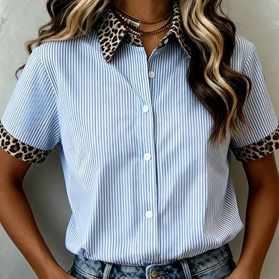 Women's Striped Collared Neck Short-Sleeve Button-Front Blouse, Casual Summer Clothes with Leopard Print Trim, Women's Top, Shortsleeve, Button Up Blouses, Women's Clothes