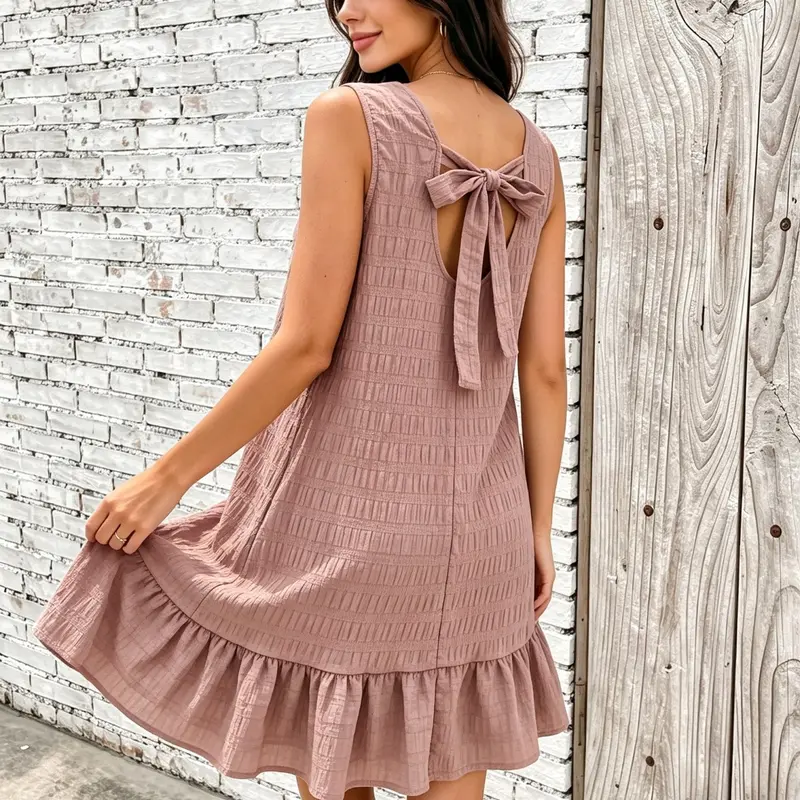 Sand Dune Beige Back Tie Ruched Summer Resort Dress Vintage Coastal Lazy Beige Back Tie Ruffled Casual Wear Resort Dress Casual Beach Dress Ins Minimalist Relaxed Vibe Beige Back Tie Ruched Vacation Dress