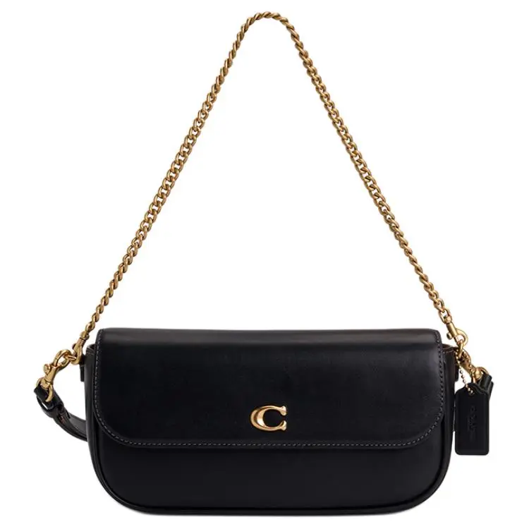 COACH Brook Flap 24 Metal Logo Detachable Strap Leather Crossbody Bag for Women, Medium, Black