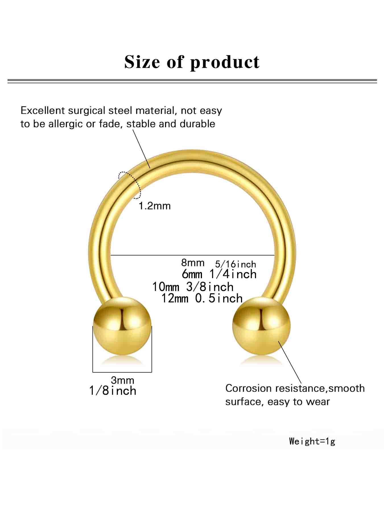 8pcs Classic Fashionable Stainless Steel Circular Horseshoe U-shaped Nose Ring, Septum Ring, Cartilage Earring, Lip Ring, Eyebrow Ring, Inner Diameter 6mm, 8mm, 10mm, 12mm, Fashion Body Jewelry