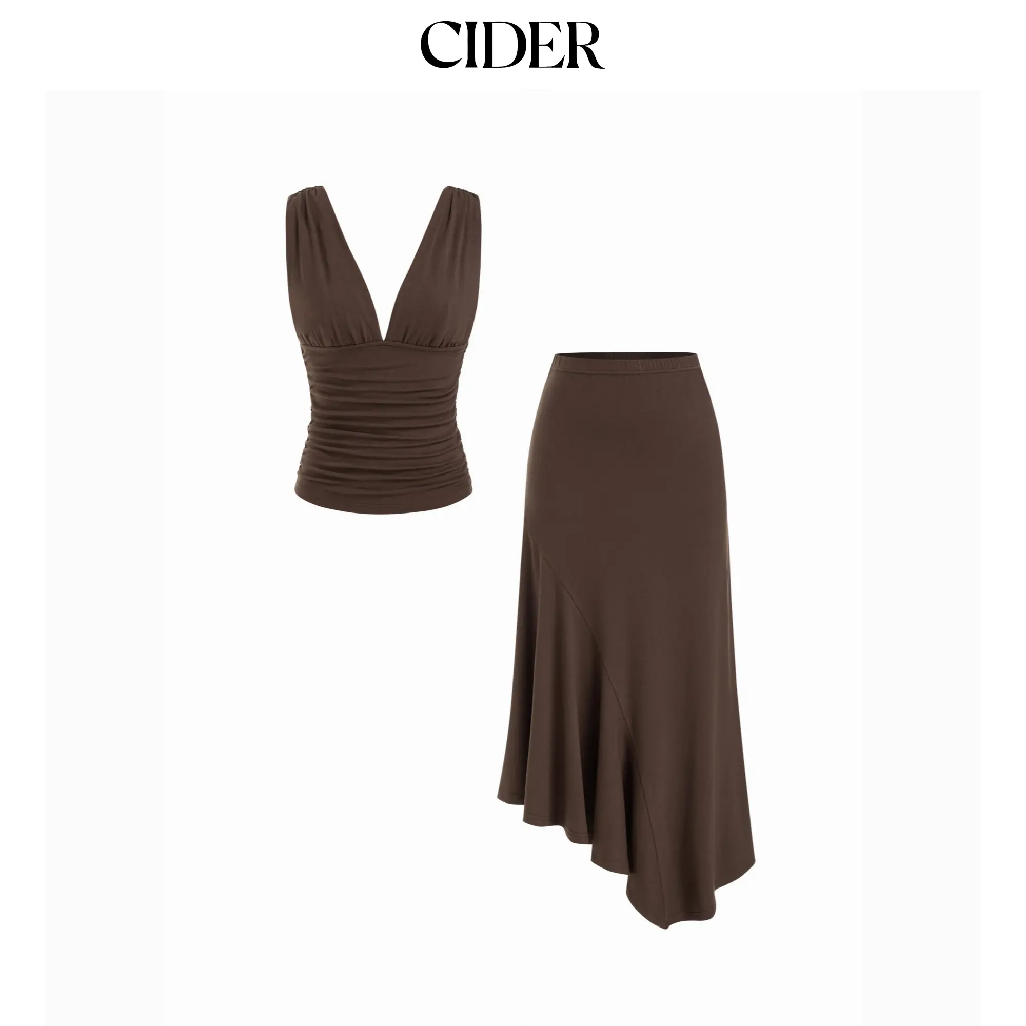 Cider V-neck Ruched Backless Tank Top & Asymmetrical Hem Maxi Skirt Set