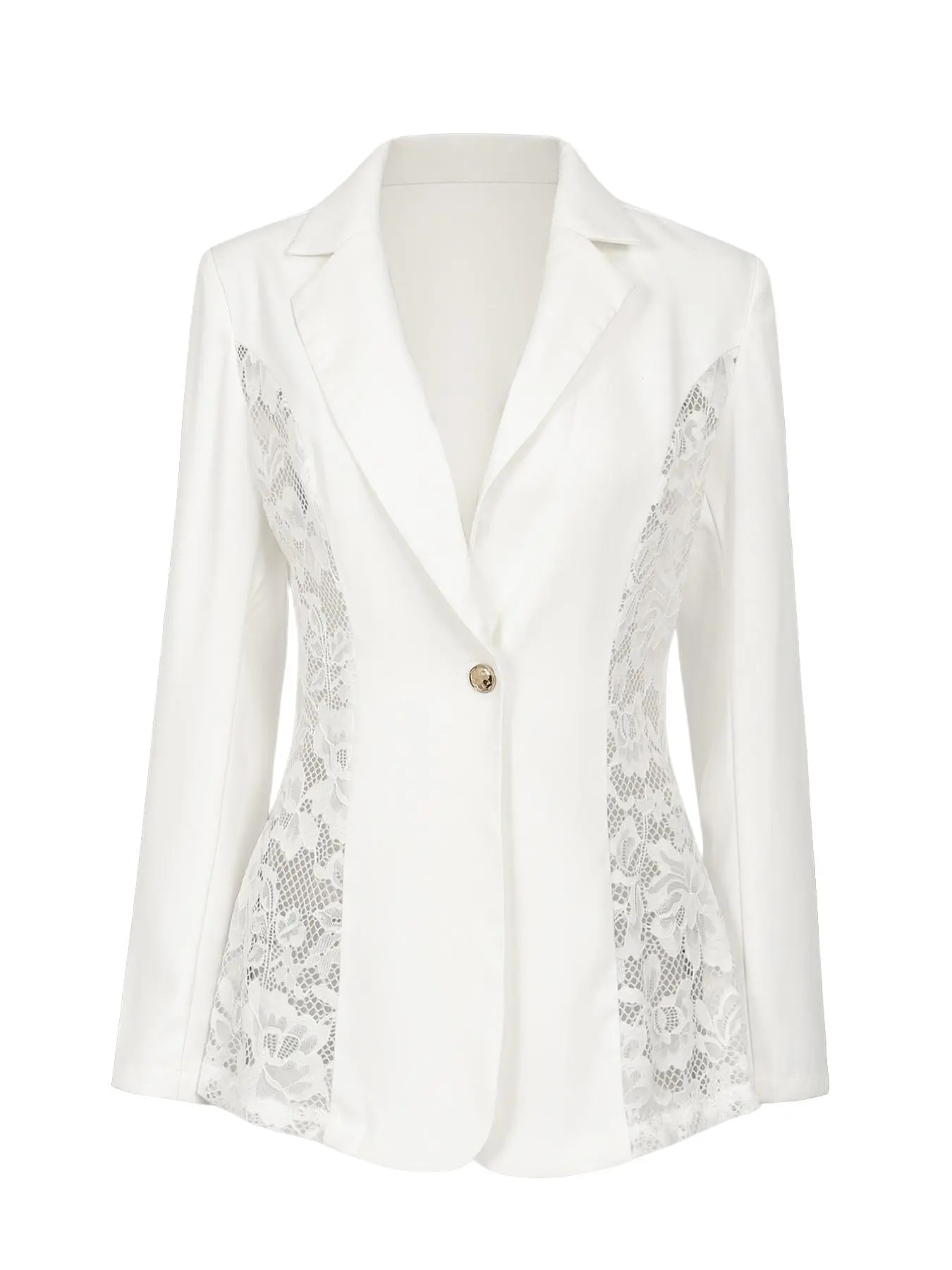 Women Floral Lace Panel Lapel Blazer, Single Button Long Sleeve, Slim Fit Elegant Blazer Jacket, Office Business Casual Outerwear