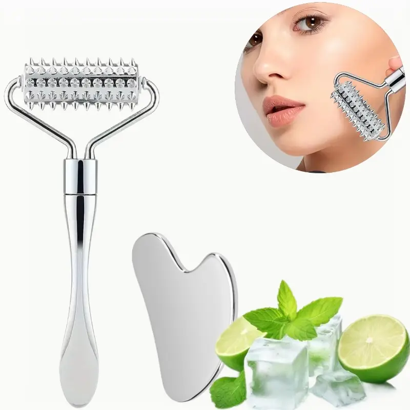 Manual Micro Needle Roller & Gua Sha Tool, 2 Counts/set Face Massage Tool, Professional Skincare Tools for Women