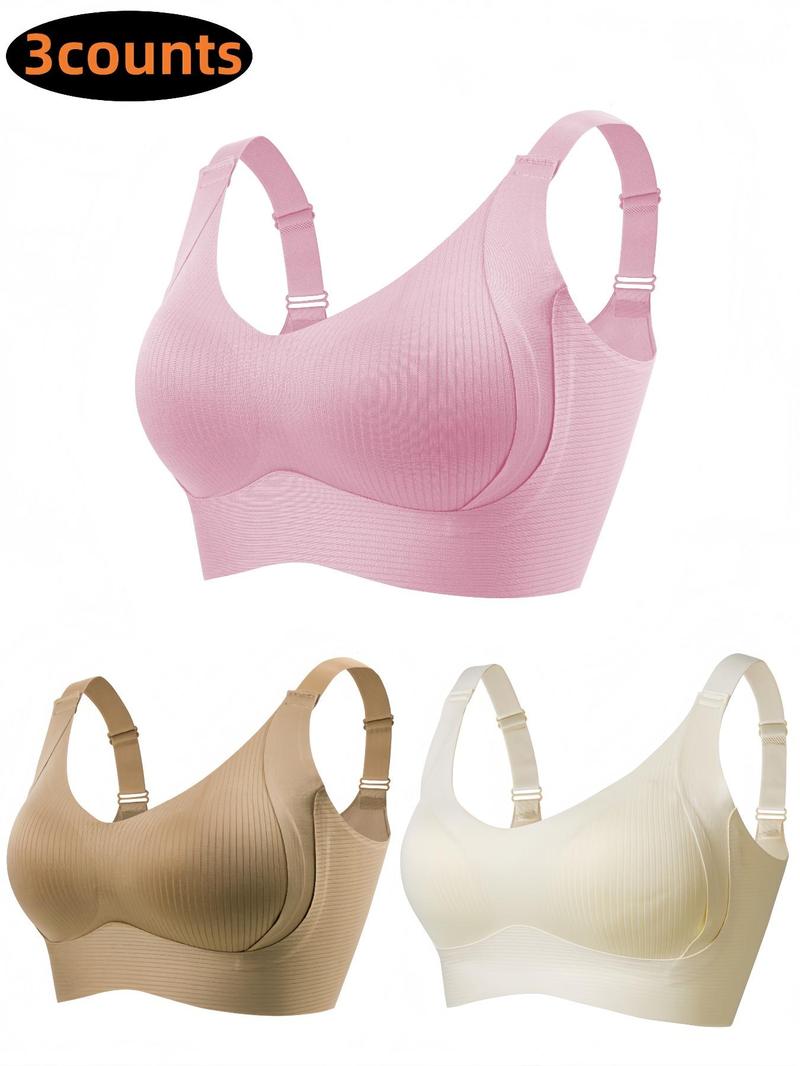 Women's Solid Four-Row Hook Adjustable Supportive Wireless Bra, Soft Comfortable Breathable Ribbed Push-Up Seamless Bra, Women's Lingerie for All Seasons