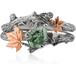 Natural Moss Agate/Black Rutilated Quartz/Blue Sandstone/Opal Ring for Women 925 Sterling Silver Agate Promise Ring with Vine Leaf Engagement Wedding Jewelry Gift for Women
