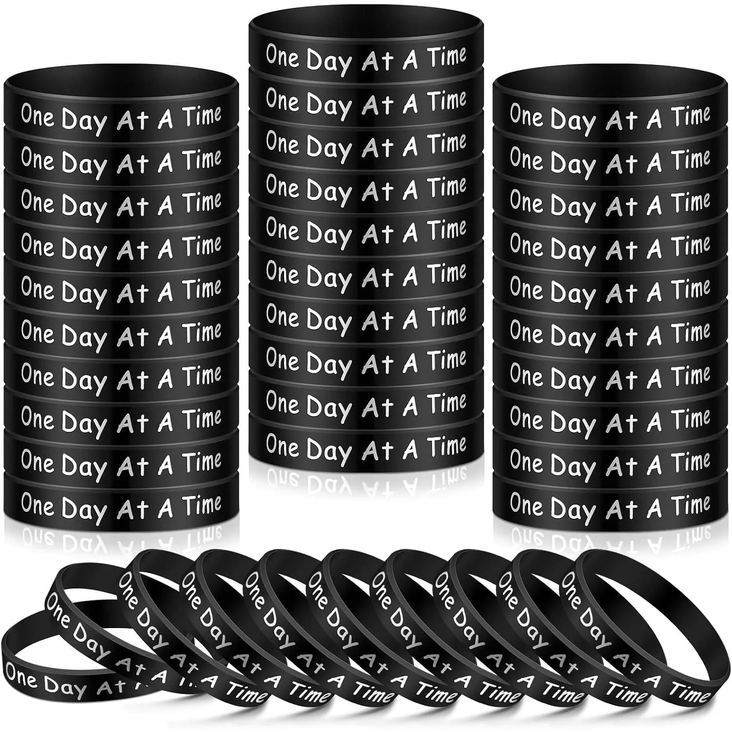 48 count  Day at a Time Motivational Wristbands  Black Inspirational Bracelets Sobriety Gifts for Addiction  Sober Anniversary for Men and Women