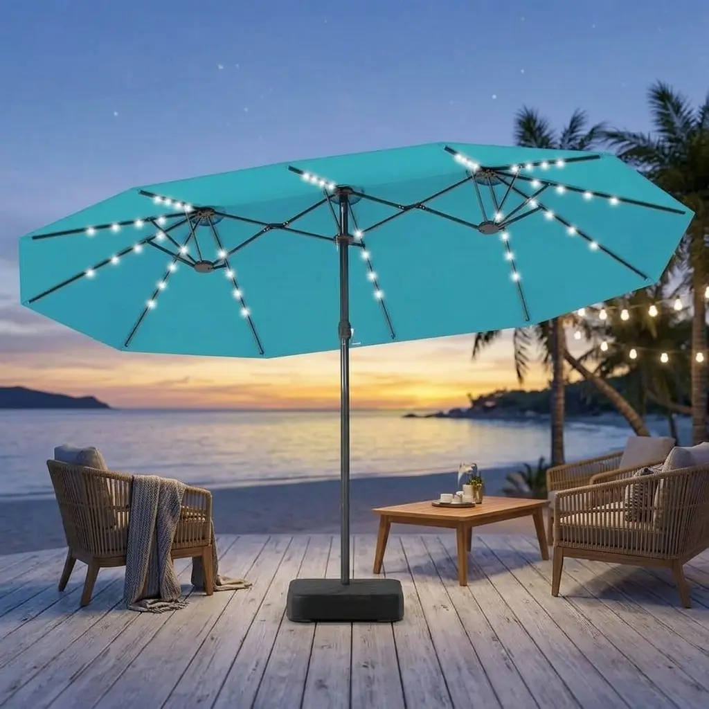 15FT Double-Sided Patio Market Umbrella 36 Solar LED Lights Crank Operated Sun Shade Complete with Base, Waterproof UV Resistant Large Outdoor Parasol for Garden Deck Pool Restaurant