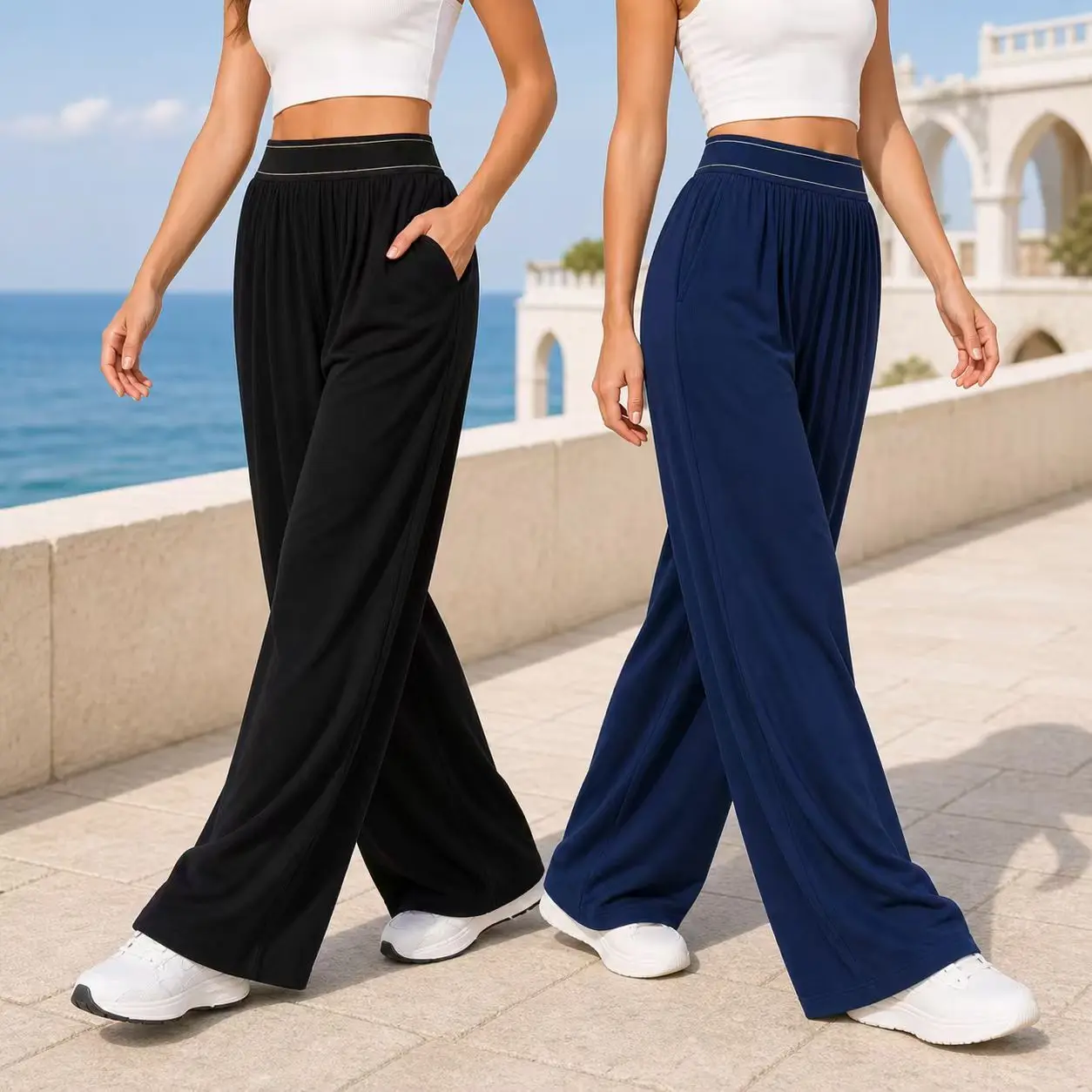 Women's High Waisted Wide Leg Pants with Pockets, Loose Fit Full Length Palazzo Trousers, Wide Waistband Solid Color Casual Lounge Pants for Work, Travel, Yoga, Walking, Vacation, Everyday Wear, Black and Navy Blue, Business Casual Athleisure Outfits