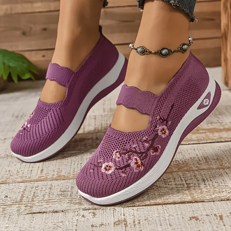 Women's Orthopedic Casual Slip-On Sneakers for Nurses - Arch Support Insoles, Flower Embroidery, Breathable Knit Upper, Non-Slip Sole, Plush All-Day Shift Comfort