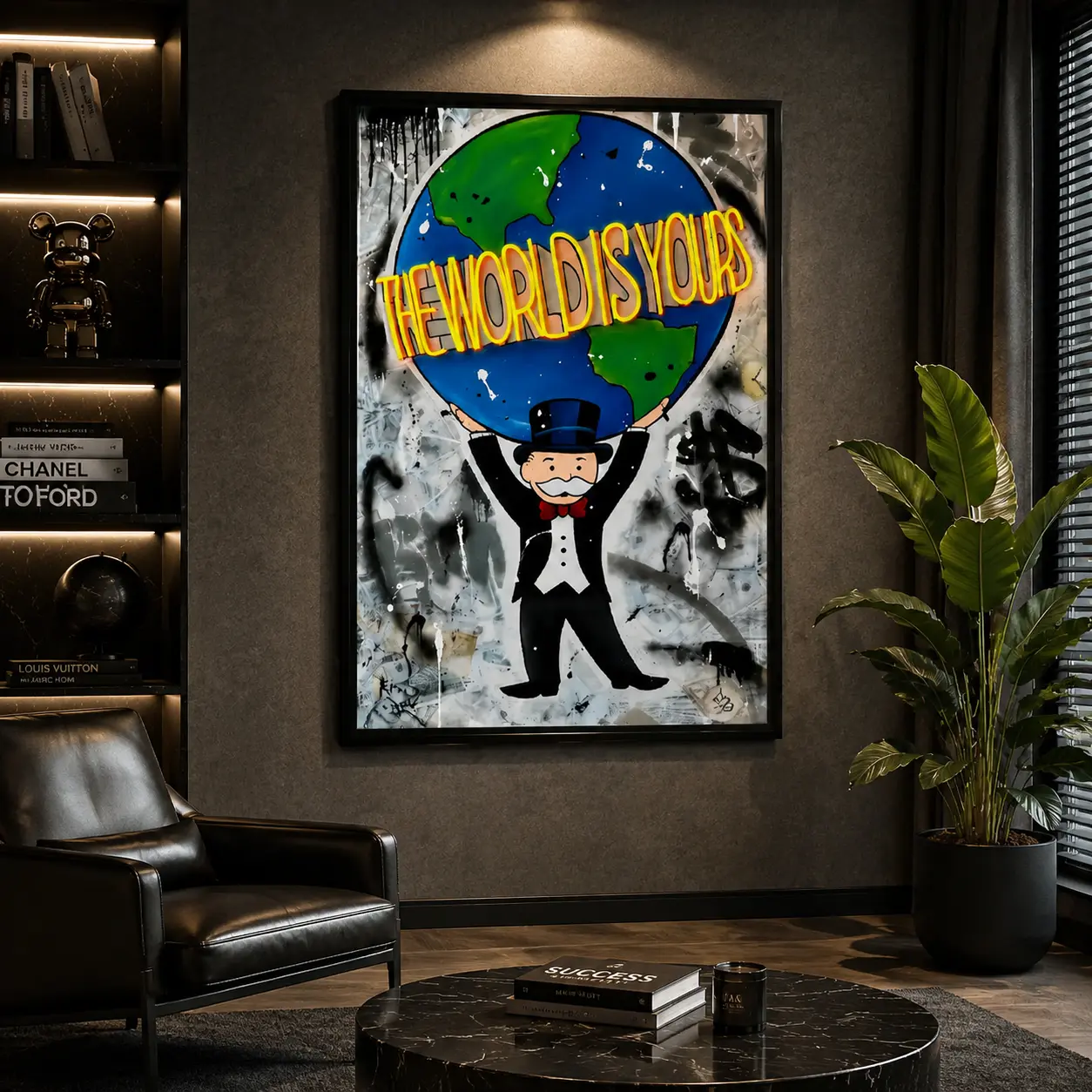 The World Is Yours Canvas Wall Art Poster,Street Art Poster Print, Urban Graffiti Artwork, Black Framed Decor for Bedroom, Office, Man Cave and Modern Home