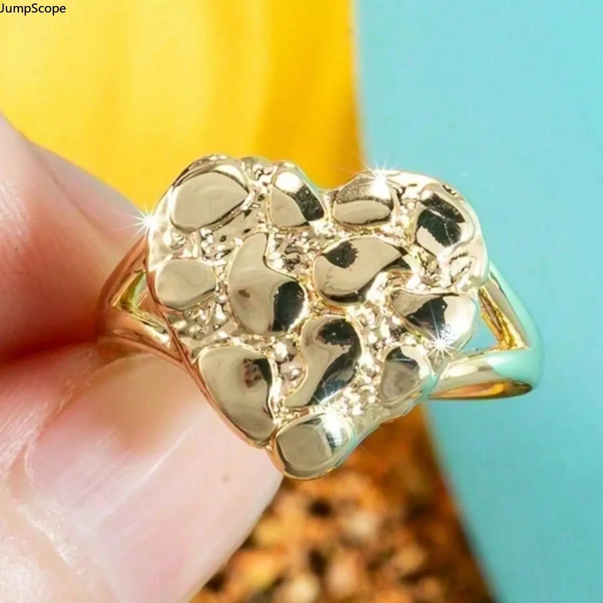 2-Tone Gold-Silver Hammered Concave-Convex Textured Heart Ring for Women - Hollow Open Split Shank Minimal Retro Chunky Statement Band for Daily Dating Office Leisure Jewelry