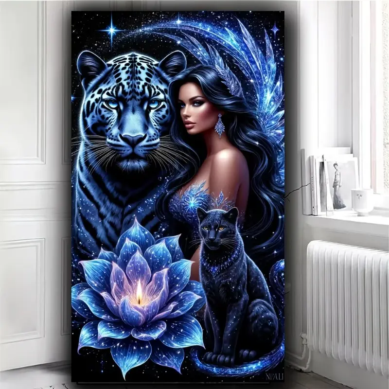 5D Full Drill Acrylic Diamond Painting Kit, Fantasy Woman, White Tiger, Black Panther, Glowing Blue Lotus, Starry Galaxy Art, DIY Craft with Sparkling Rhinestones, Canvas & Tools for Home Wall Decor