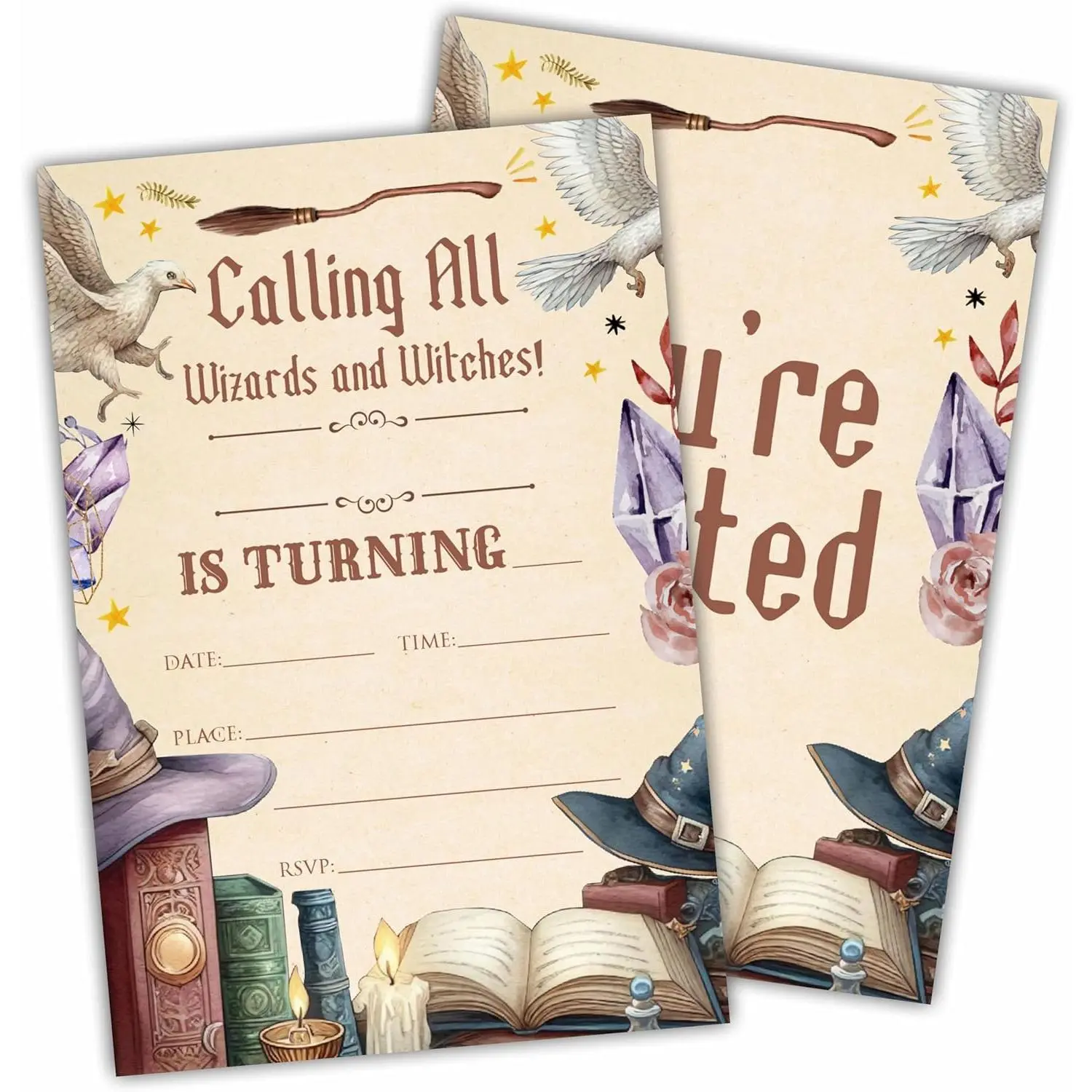 Watercolor Magical Theme Birthday Invitation Cards With Envelopes - Calling All Wizards And Witches - 20 Pcs Double-Sided Fill-In Birthday Invites For Teen Boys Girls Party Favor & Decorations