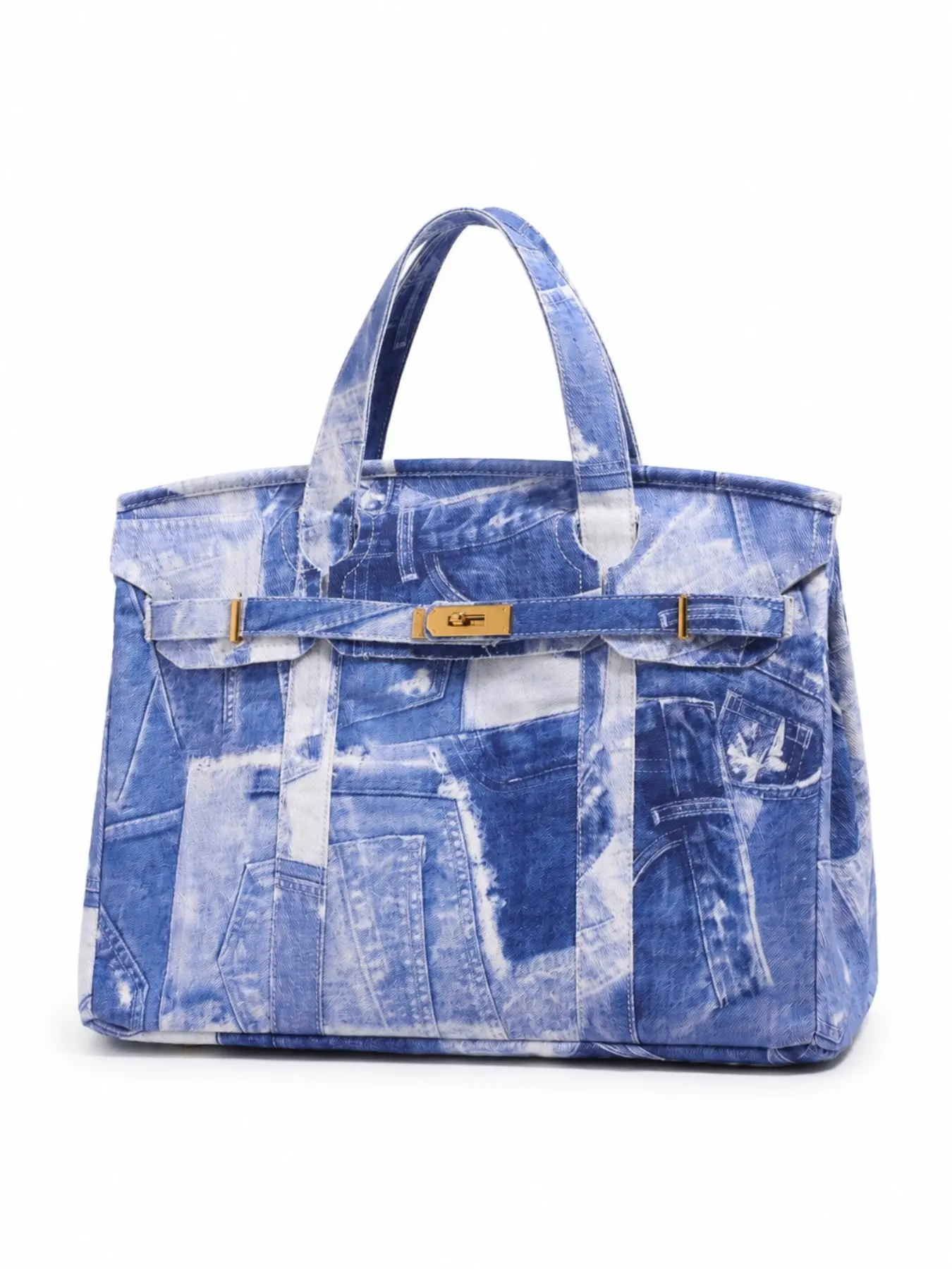 Women's Denim-Look Patchwork Print Large Fashion Tote Bag, Structured Top Handle Handbag with Metal Turn-Lock Detail for Work, Shopping and Travel