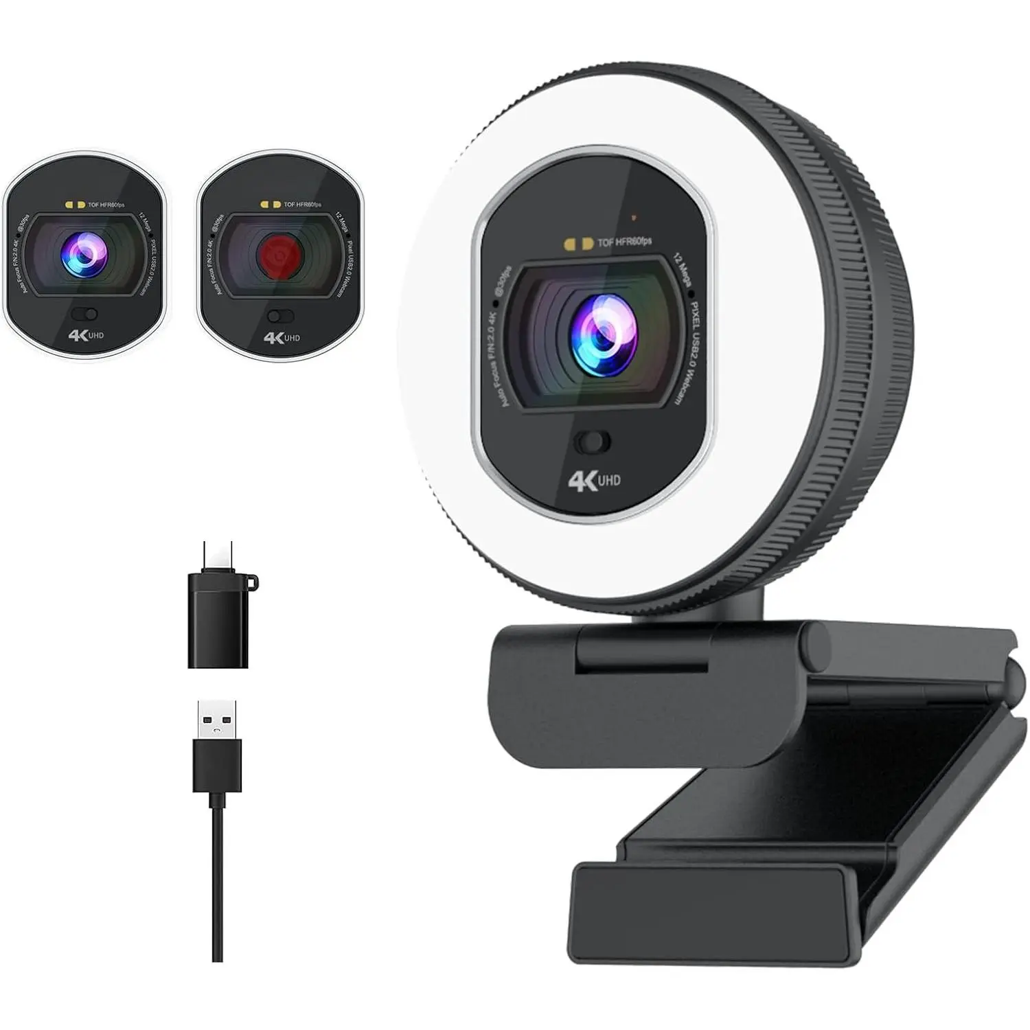 4K Webcam with Ring Light & -in Microphone for PC Streaming | PDAF Autofocus,Supports 1080P 60FPS, Comes with  Cover, Compatible with Zoom, Skype,  Meet, Laptop Desktop