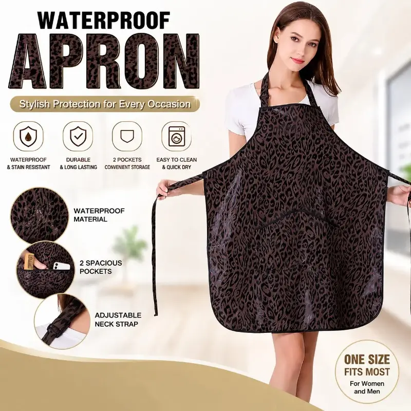 Salon Apron with Leopard Print for Hair Stylists, Durable and Waterproof PU-Coated Barber Smock with Deep Pockets for Tools and Coloring, Haircare, Storage, Salon/Kitchen