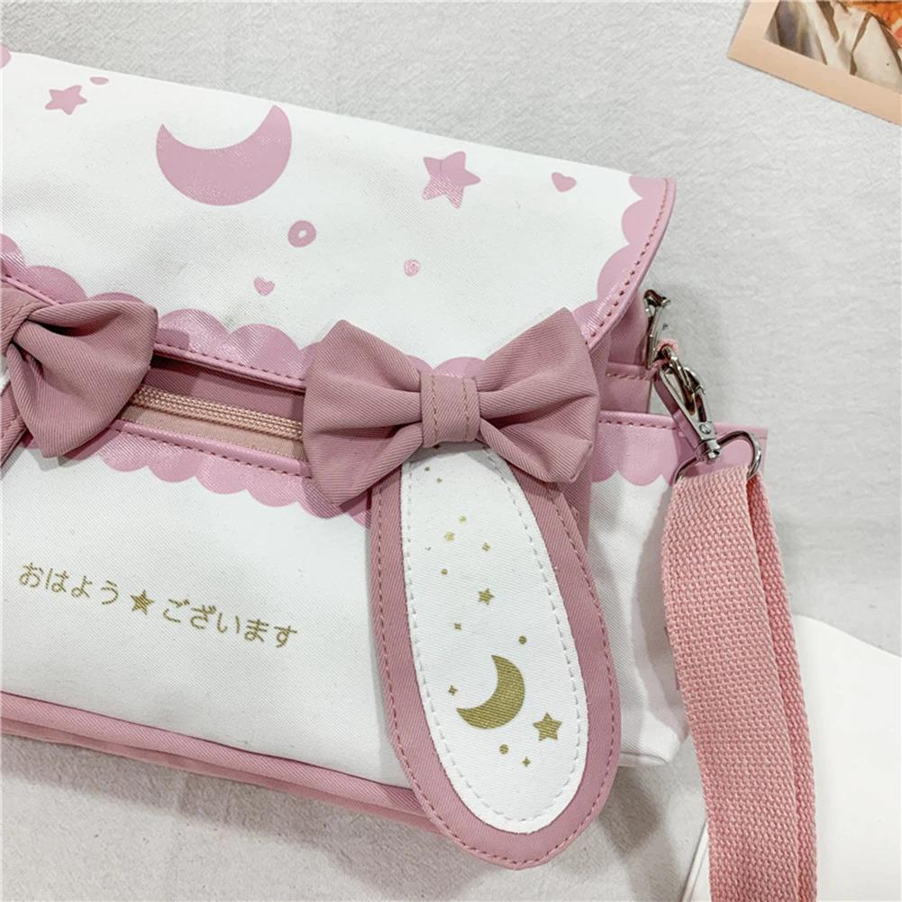 Y2K Cute Girl Lolita Bow Rabbit Shoulder Bag Women Star Moon Canvas Crossbody Bags Korean Kawaii Satchel Bag Sweet Messenger Bag