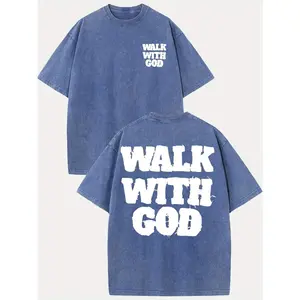 Heavyweight 230G Washed Graphic T-Shirt - "Walk with God" Distressed Print - Oversized Relaxed Fit Streetwear