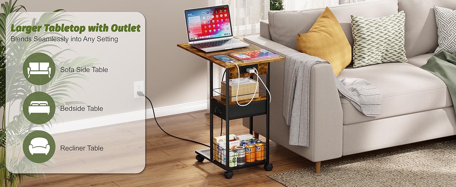 C-Shaped Side Table with Charging Station, Night Stand with Type-C & USB Port and Outlet for Bedroom, Spacious Coffee Table with Wheels for Living Room, Home Office, Small Space