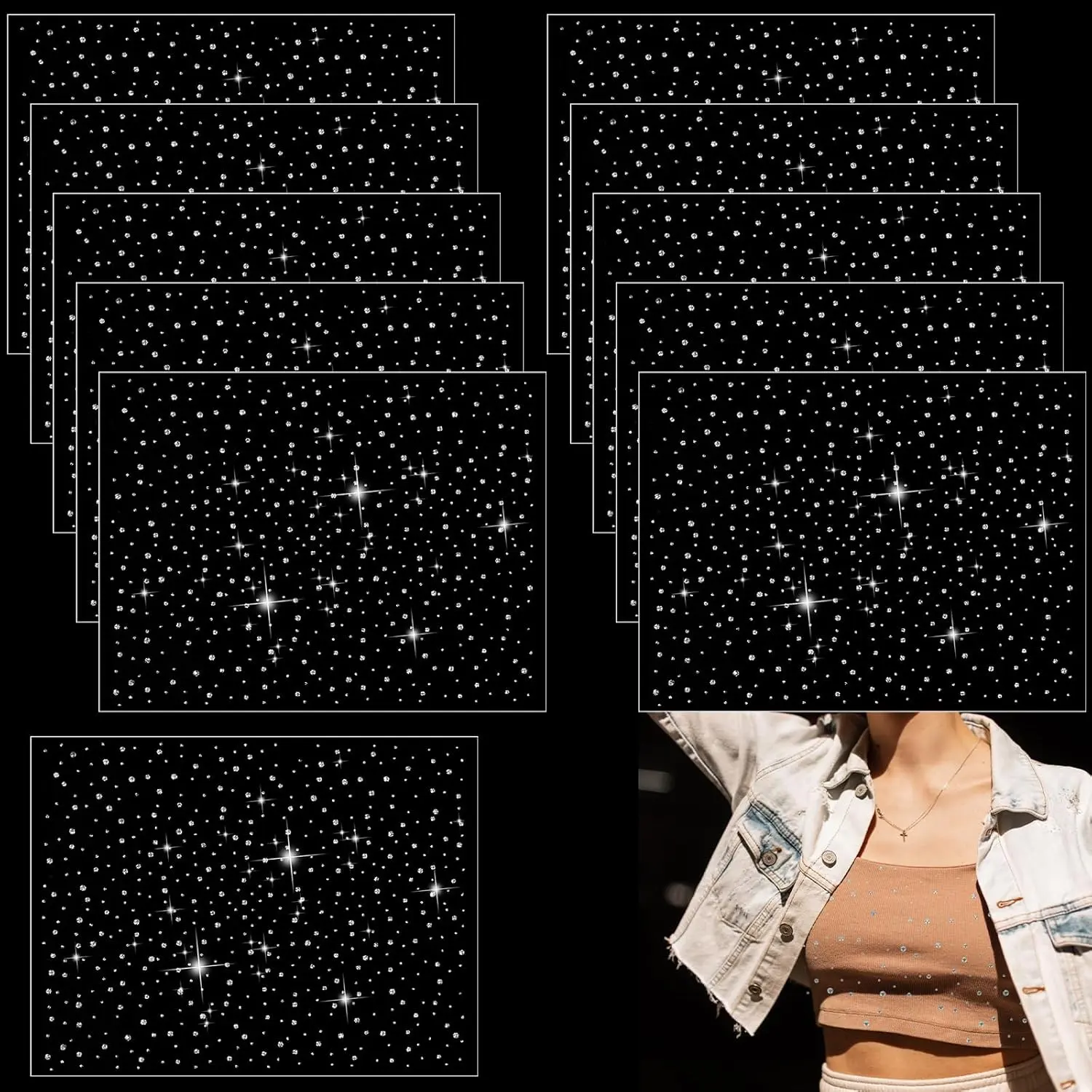 12 Sheet Iron-on Rhinestone Sheets Crystal Transfers Glitter Hotfix Rhinestone Decals Hot Melt Patches for Clothing Craft DIY Decor(Classic Style)