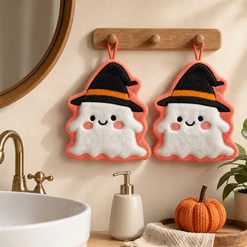 2pcs Halloween Cute Ghost Witch Hat Hanging Towels, Soft Coral Fleece Quick-Dry Absorbent Cloth, Spooky Fall Kitchen Bathroom Home Decor Towel