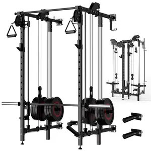 Space-Saving Wall Mounted Folding Smith Machine Power Rack – Dual Independent Pulley System, Pull Up Bar, Heavy Duty Multi-Function Squat Rack Power Cage for Home Gym Strength Training