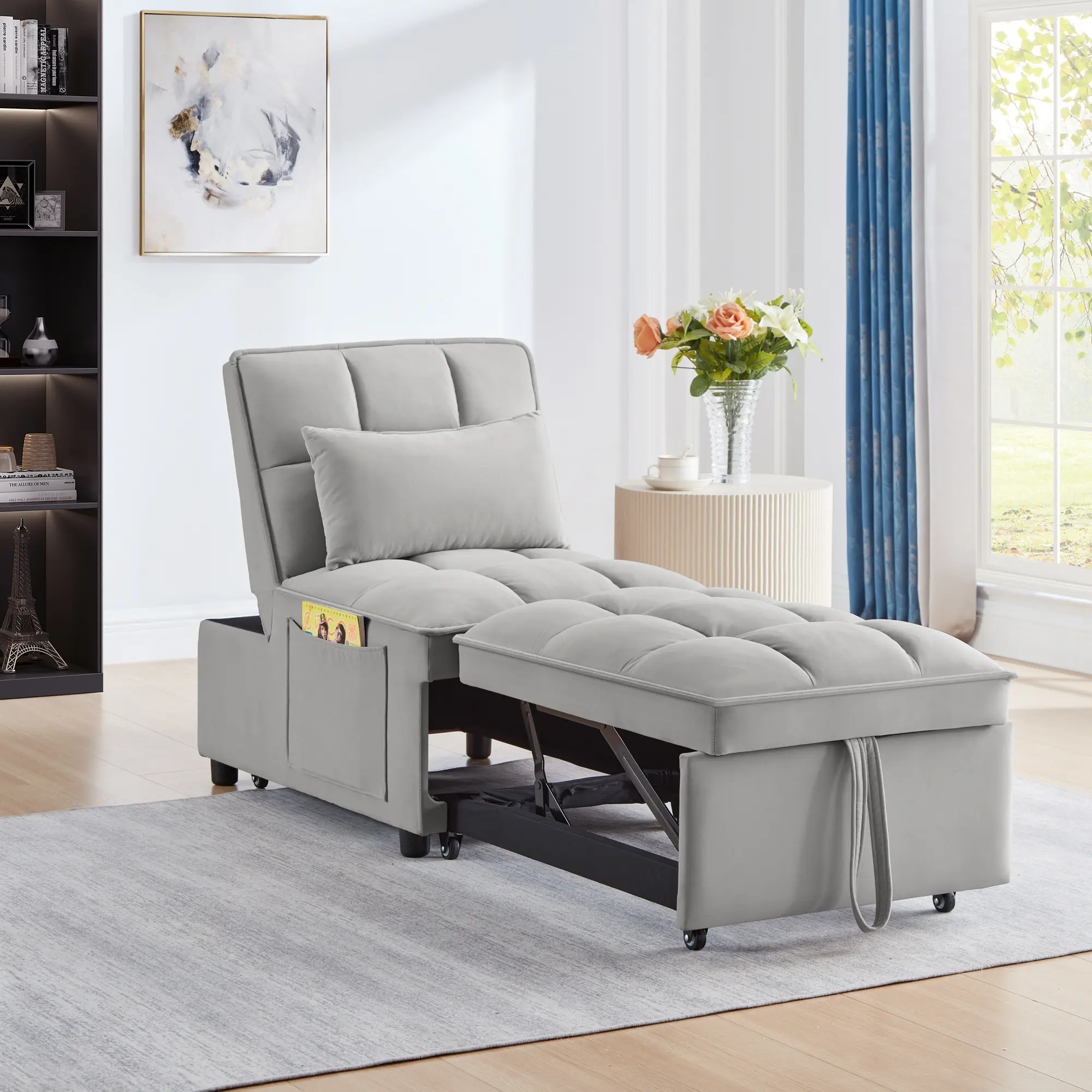 ARCH 4-in-1 Multi-Function Single Sofa Bed with Storage Pockets, Tufted Pull-Out Sofa Bed with Adjustable Backrest and Pillows, Convertible Chaise Lounge for Living Room, Guest Room, Gray, Living Room Furniture for Apartment, Lounge, Family Room