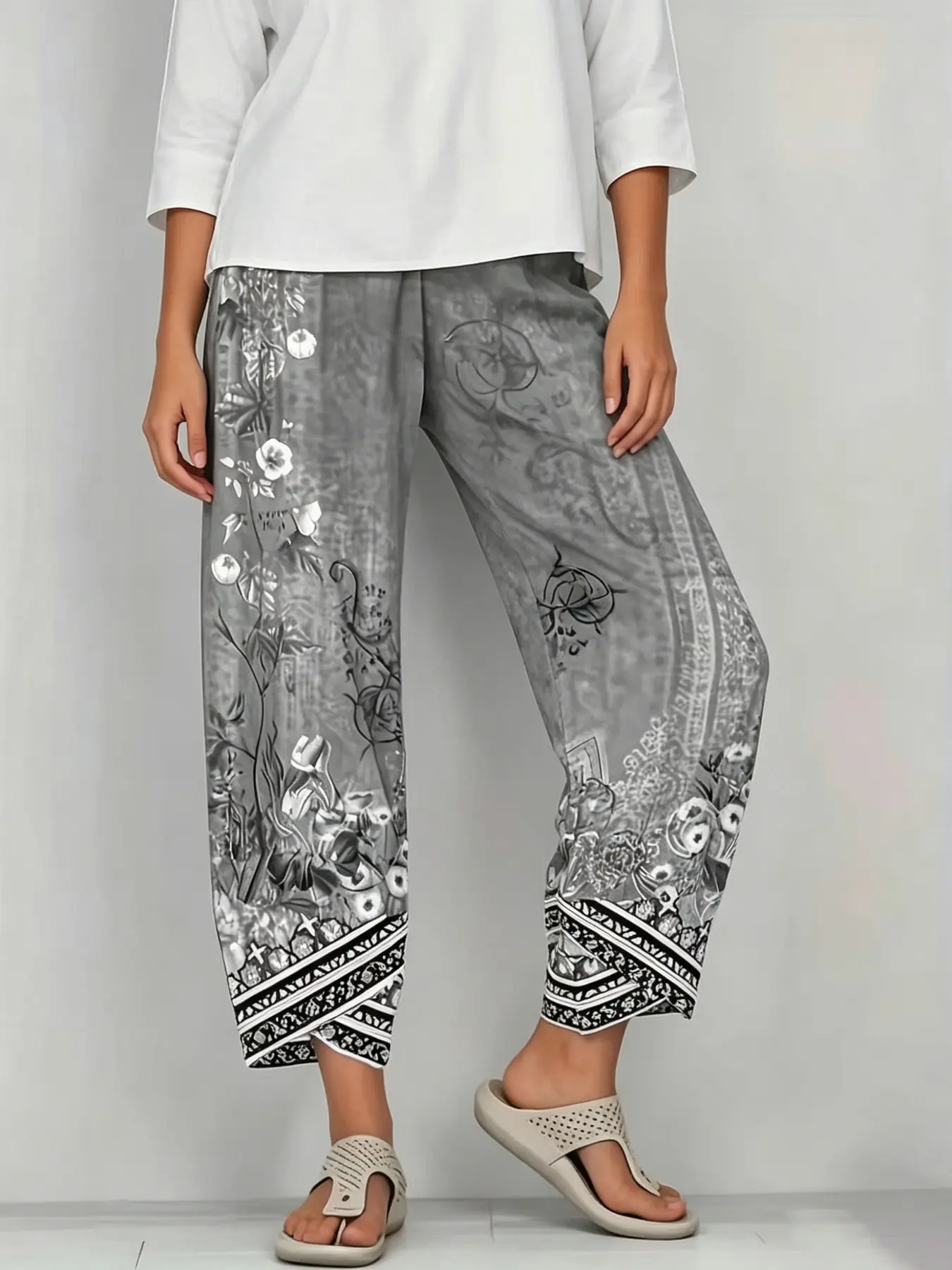 Women's Summer Wide Leg Pants, Ink Wash Print, Lightweight Loose Fit, High Waist Slimming, Casual Harlan Pants, 9/10th Length