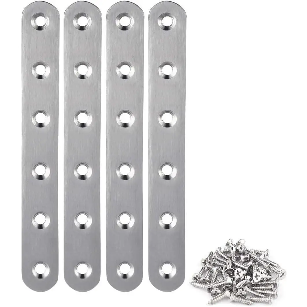 4 Pcs Stainless Steel Flat Straight Brace Bracket 6.1" x 0.7" (156 x 18mm), 24 Pcs Screws Included